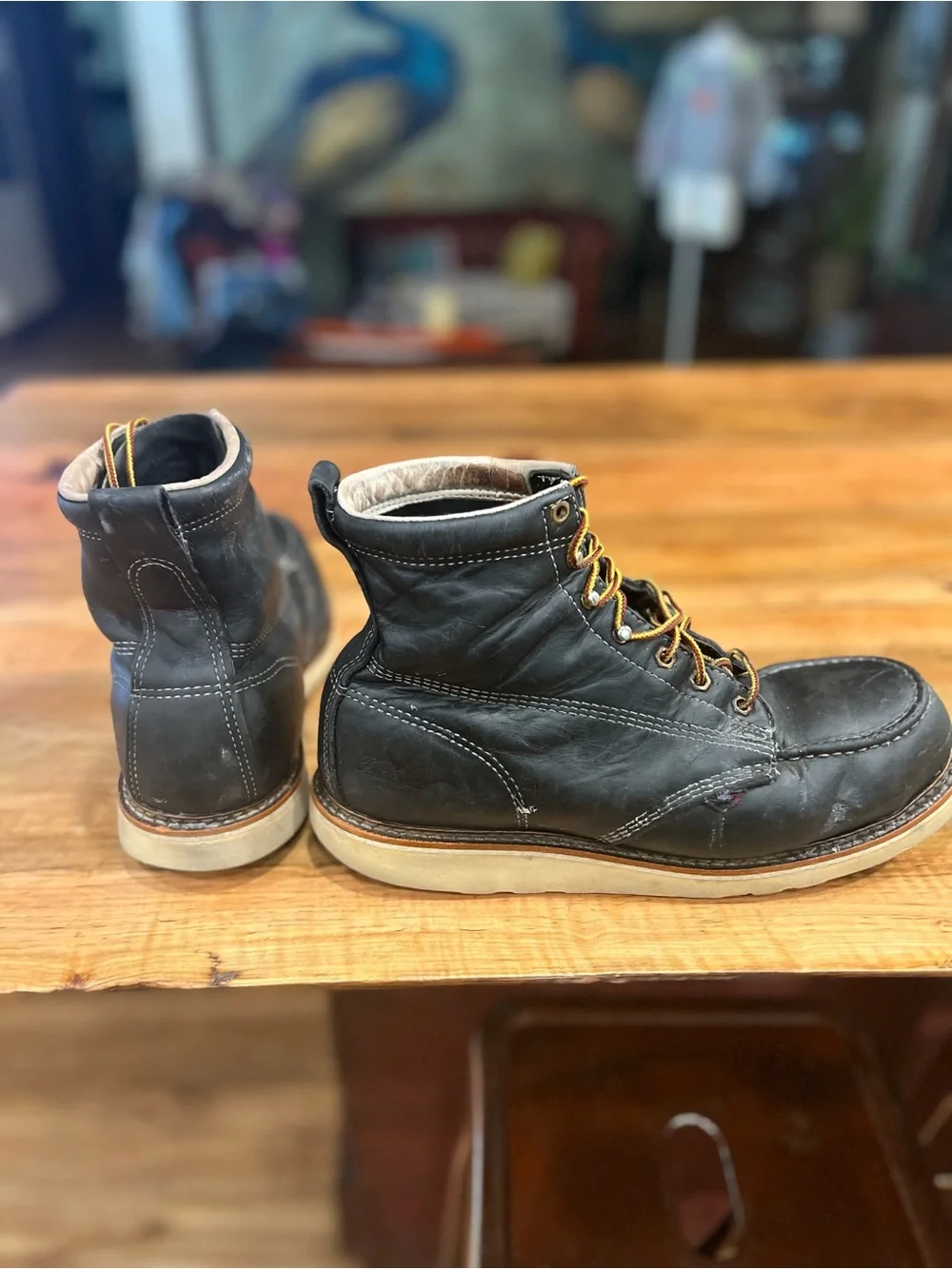 Thorogood Black Moc Toe Work Boots with Contrast Laces